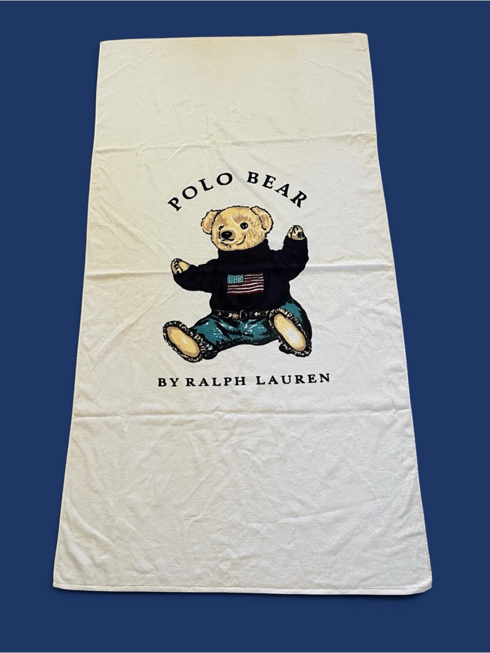 VNTG  90s Ralph Lauren Polo Bear OS Large Beach Towel White  66 X 35” NWOT